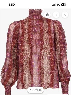 NWT Ulla Johnson Sheer Ruffled Long-Sleeve Blouse in Claret and Lavender